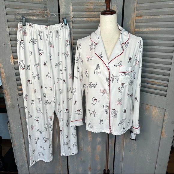 Kate Spade Long Sleeve PJ Set Dog Print Cream Sz M NWT - Picture 2 of 16